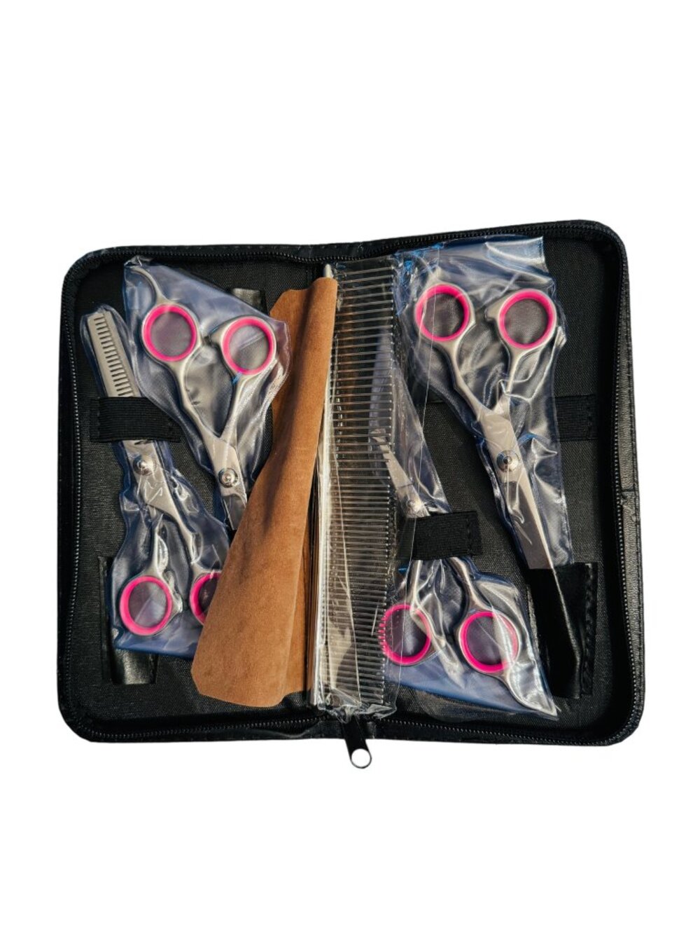 Professional Complete Grooming Pink/Silver Set - 4 Scissors, Comb, Case